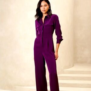 Plum colored wide legged pant jumpsuit.